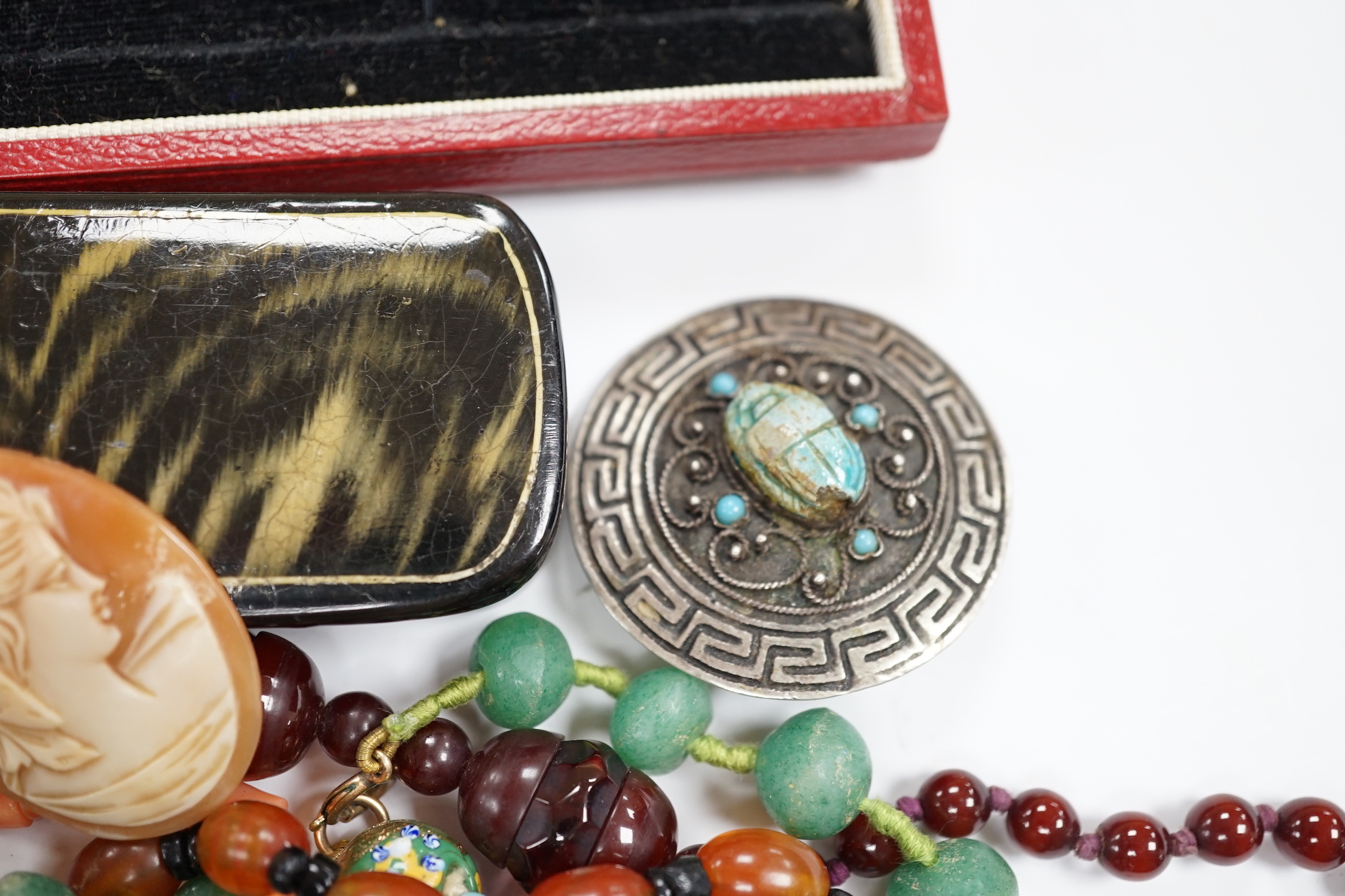 A group of assorted antique and later jewellery, including costume, paste set bracelet, gold plated albert, cameo shell brooch, micro mosaic brooch, silver and enamelled butterfly brooch, etc.